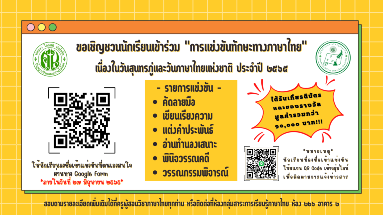 ขอเชิญชวนนักเรียนโรงเรียนสตรีศรีน่าน เข้าร่วมการแข่งขันทักษะทางภาษาไทย เนื่องในวันสุนทรภู่และวันภาษาไทยแห่งชาติ ประจำปี ๒๕๖๕