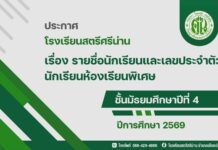 ประกาศ เรื่อง รายชื่อนักเรียนและเลขประจำตัว นักเรียนห้องเรียนพิเศษ ชั้นมัธยมศึกษาปีที่ 4 ปีการศึกษา 2569