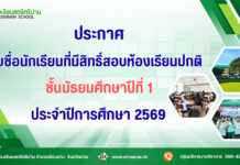 ประกาศ เรื่อง รายชื่อนักเรียนที่มีสิทธิ์สอบคัดเลือกนักเรียนห้องเรียนปกติ ชั้นมัธยมศึกษาปีที่ 1 และ 4 ประจำปีการศึกษา 2569