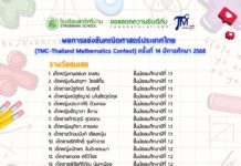 ขอแสดงความยินดีกับนักเรียนที่ได้รับรางวัล จากแข่งขันคณิตศาสตร์ประเทศไทย (Thailand Mathematics Contest) ครั้งที่ 14 ปีการศึกษา 2568
